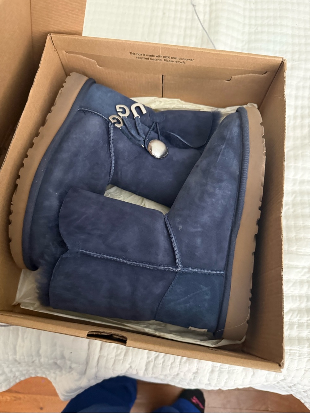 UGG Men's Short Suede Boot in Navy with Toggle Detail